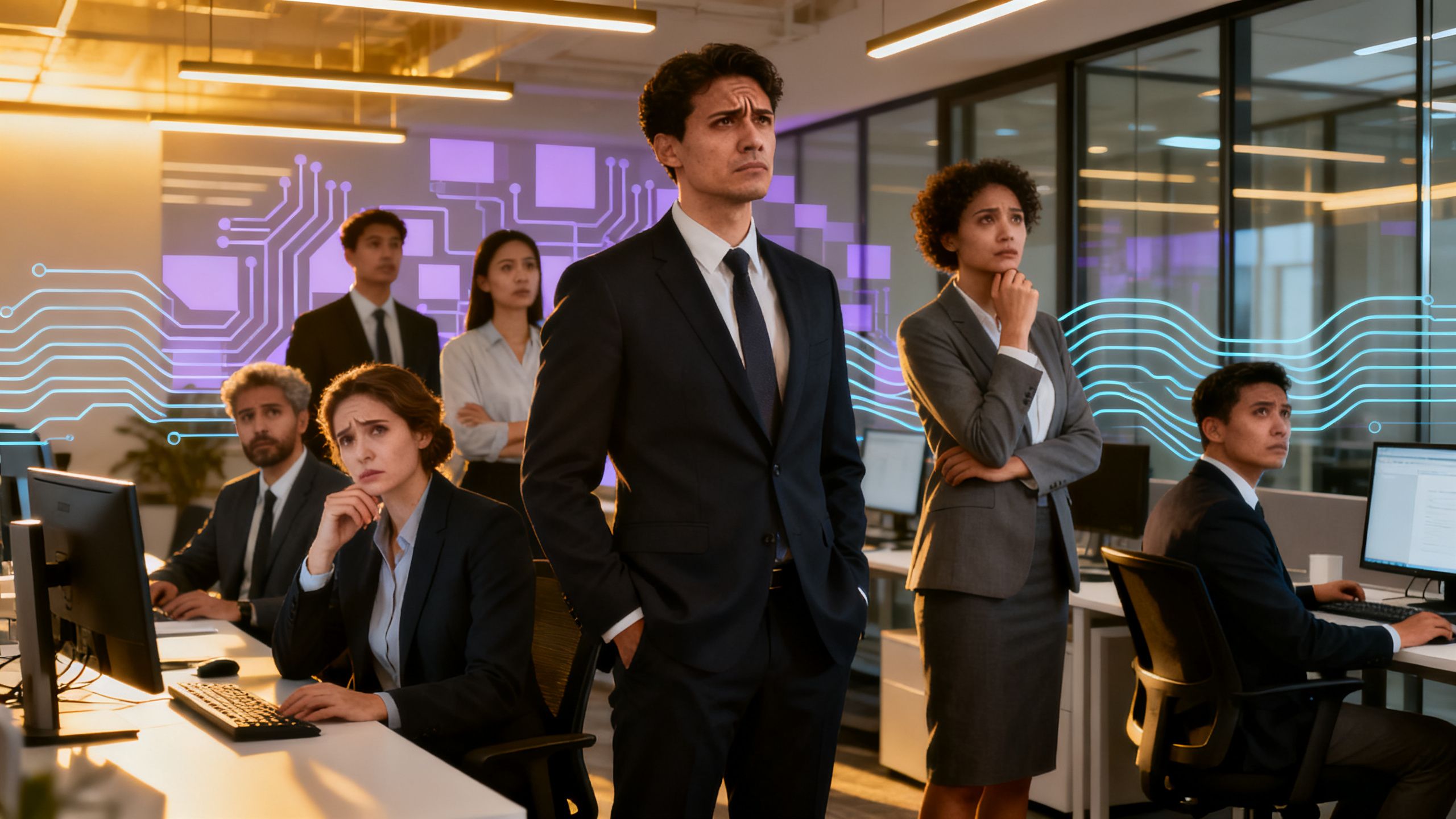 Professionals in an office, with AI elements subtly integrated into the background.