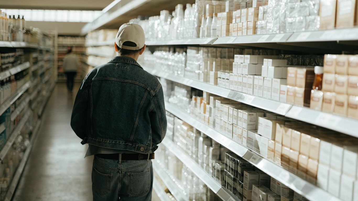A shopper checking personal care shelves in a bright store aisle