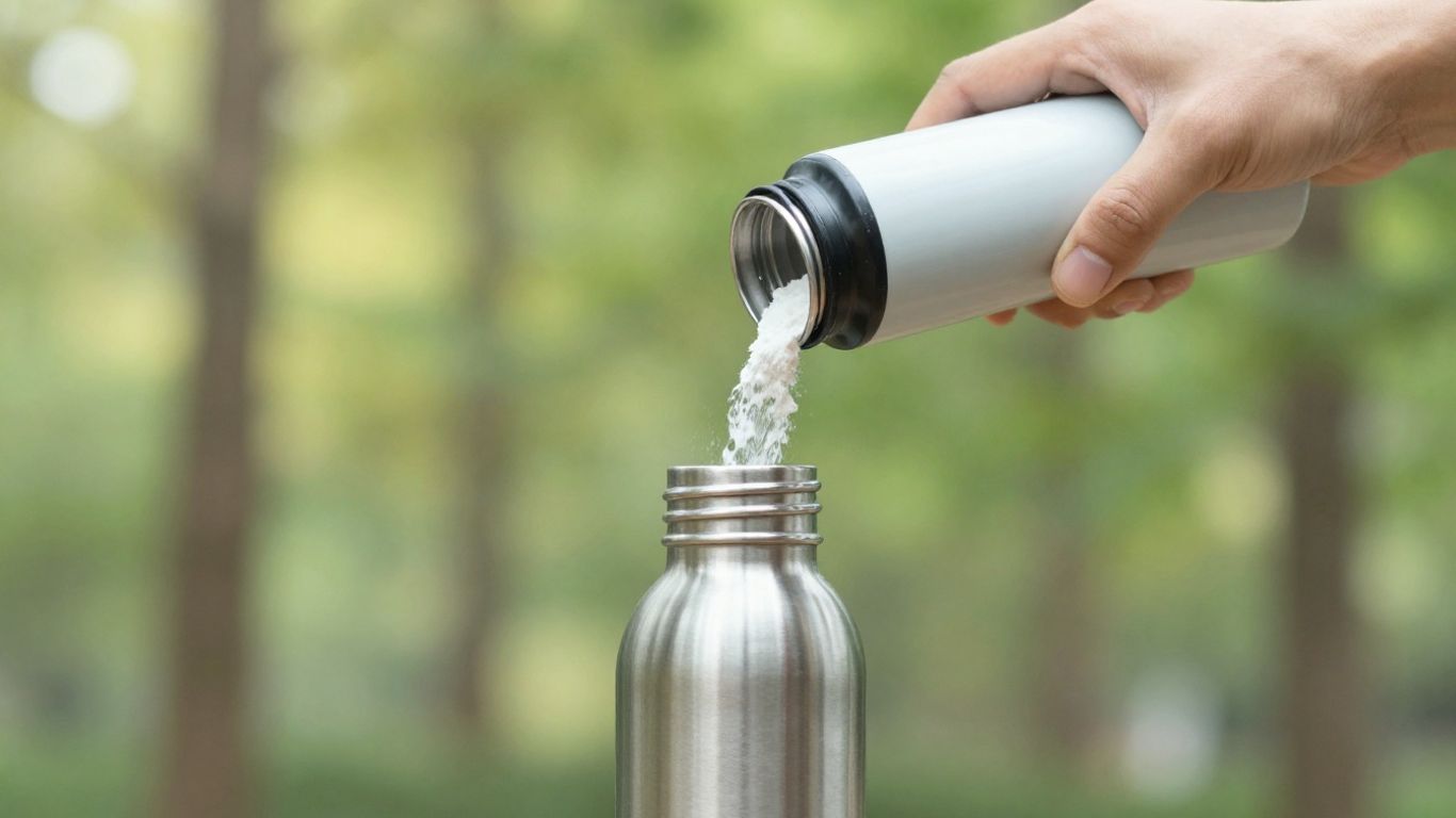 A person holding a clear glass of tinted mineral-infused water