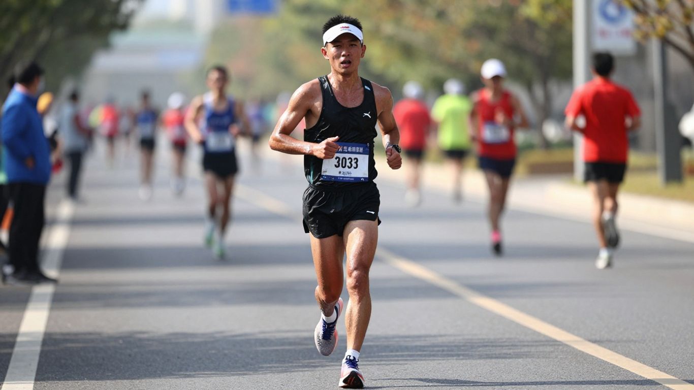 Marathon runner in stride on a road.