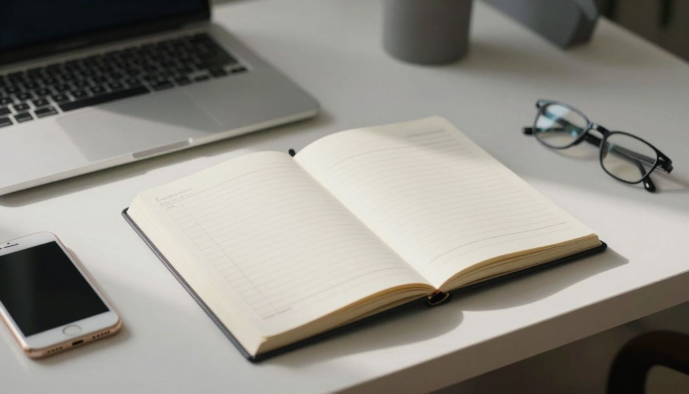 A clean, minimalist desk setup with an open journal and a high-performance workspace, representing the balance between daily habits and structured goal planning, cinematic lighting, professional aesthetic.