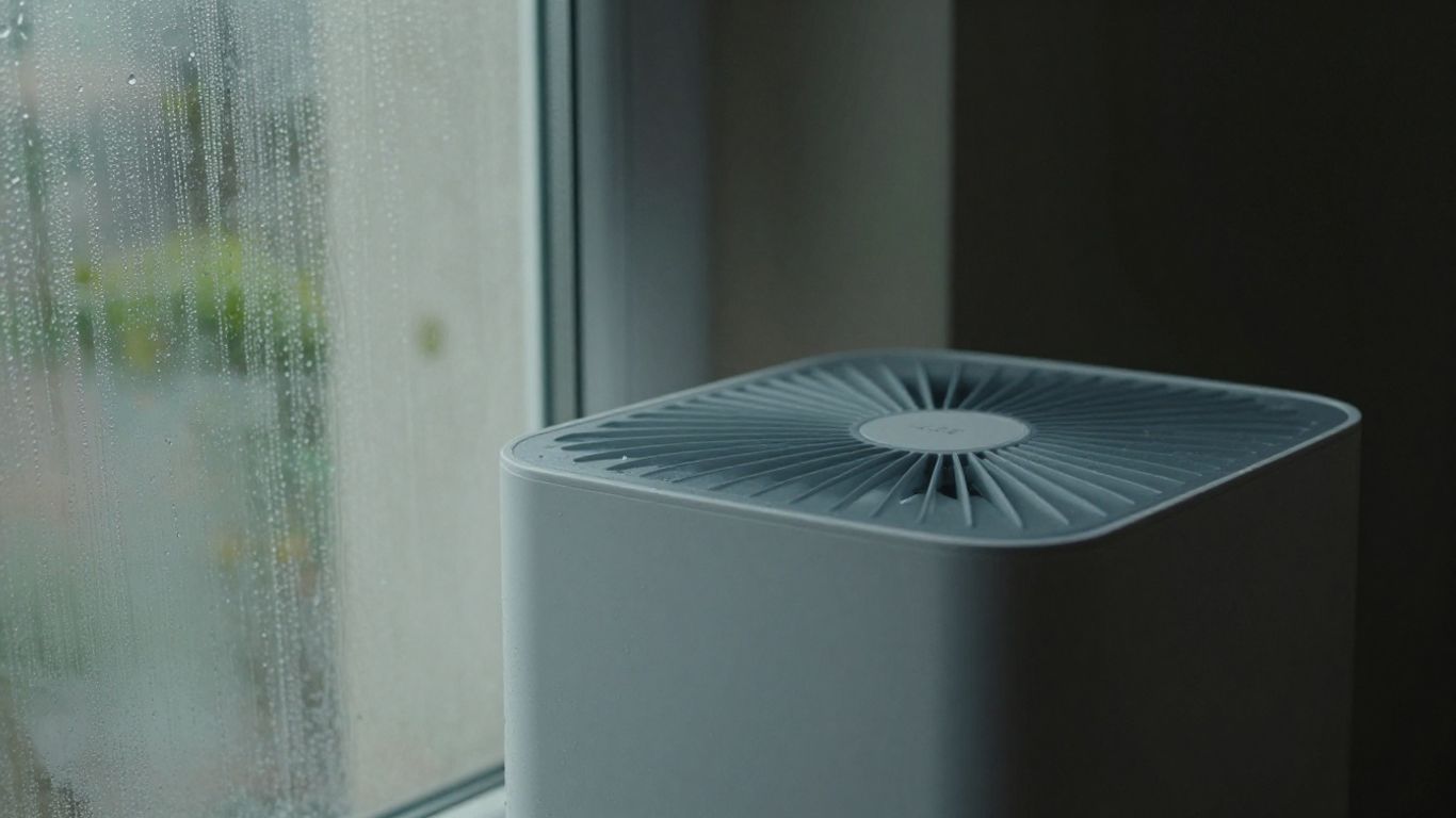 Dehumidifier in a damp room with moldy wall.