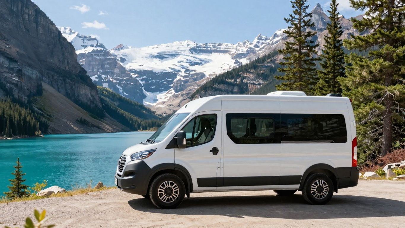 Campervan parked with Canadian Rockies mountain backdrop.