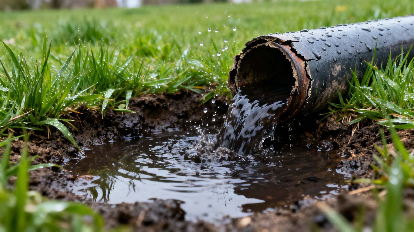 Damaged sewer line leaking water onto a green lawn.
