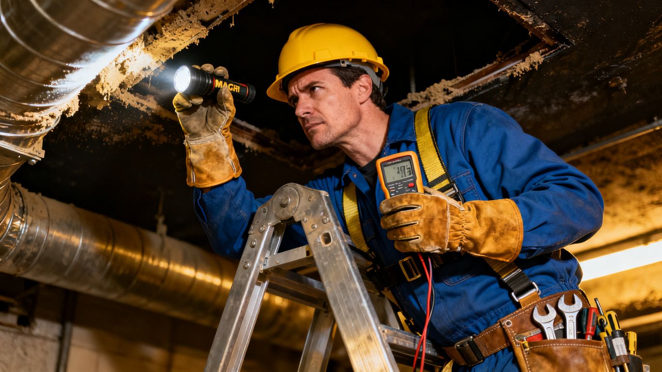 Technician reviewing ceiling layout for HVAC installation