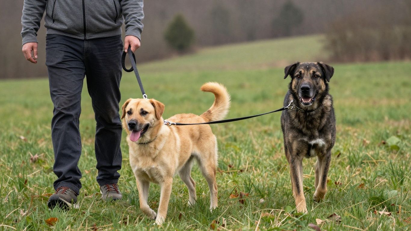 Dog walking calmly on leash beside handler outdoors.