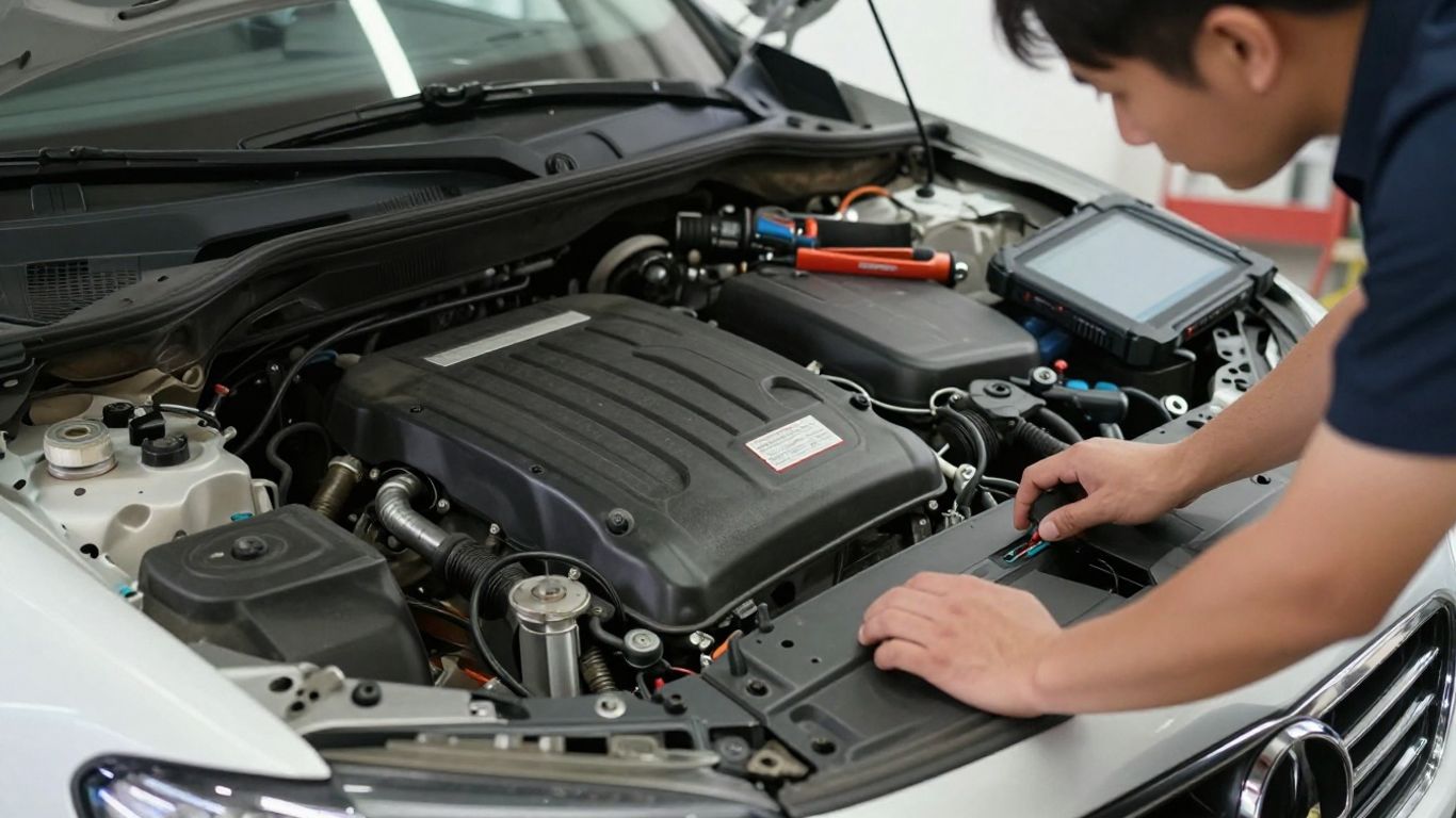 Technician checking engine identification details