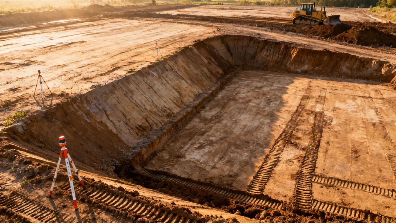 Aerial view of graded construction terrain