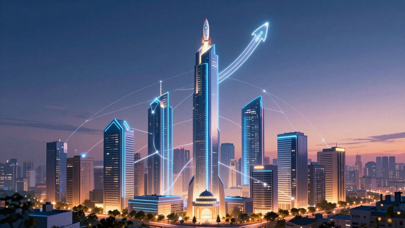 Modern cityscape with ascending rocket symbolizing startup growth.