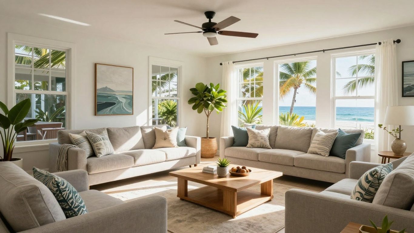 Key West Airbnb living room with modern furniture and sunlight.