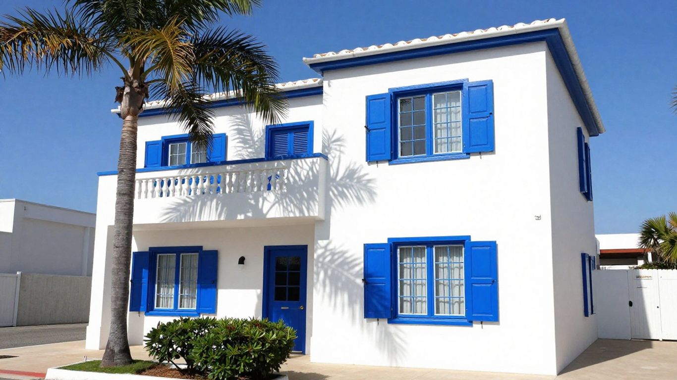 Coastal house exterior under bright sun with protective coating.