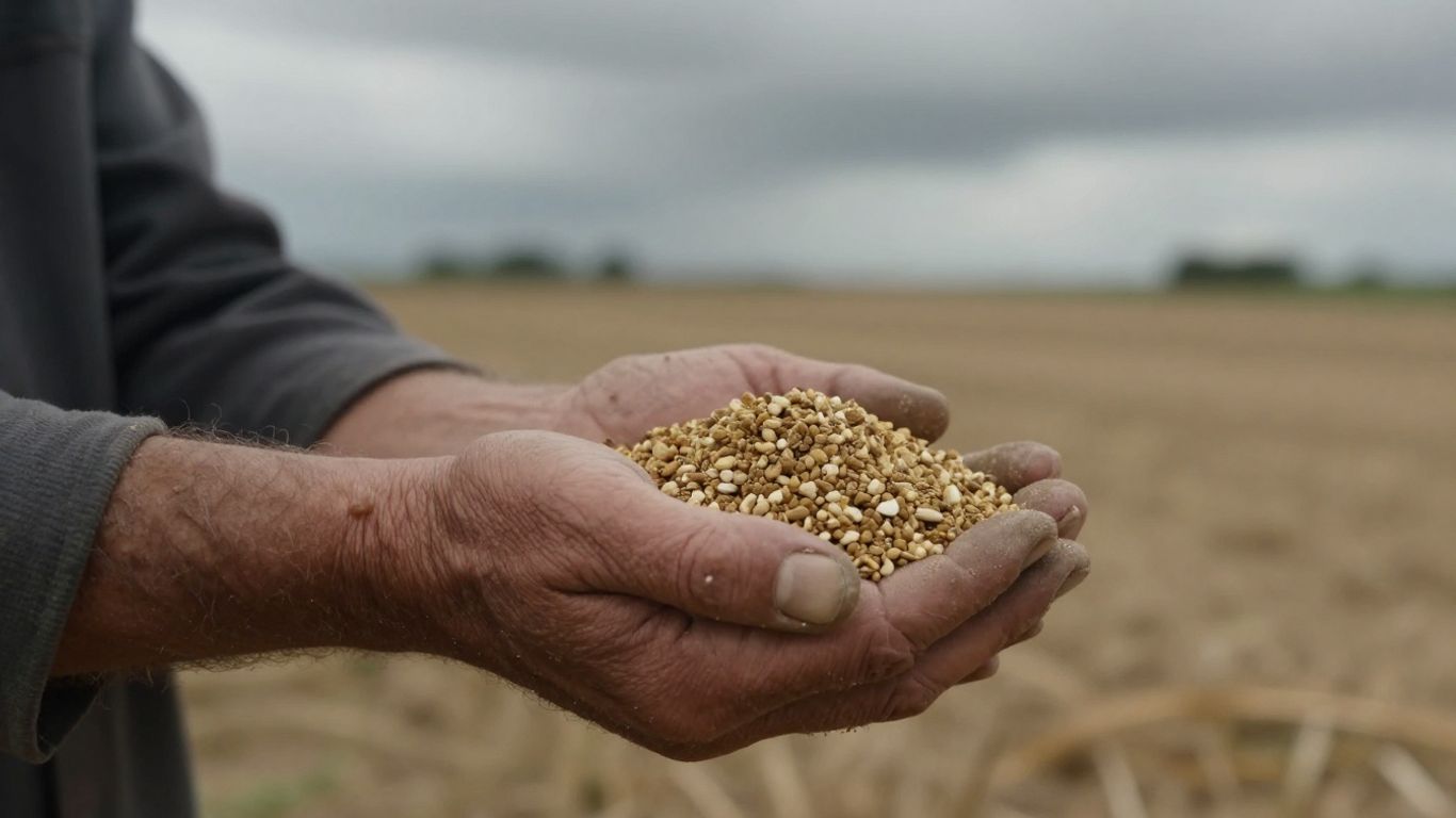 Farmer's hands holding fertilizer against a field.
