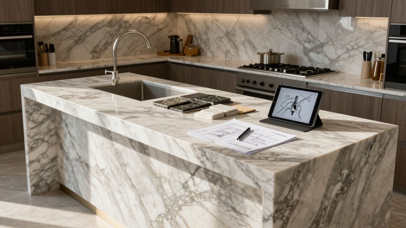 Interior designer sketching natural stone kitchen countertop.