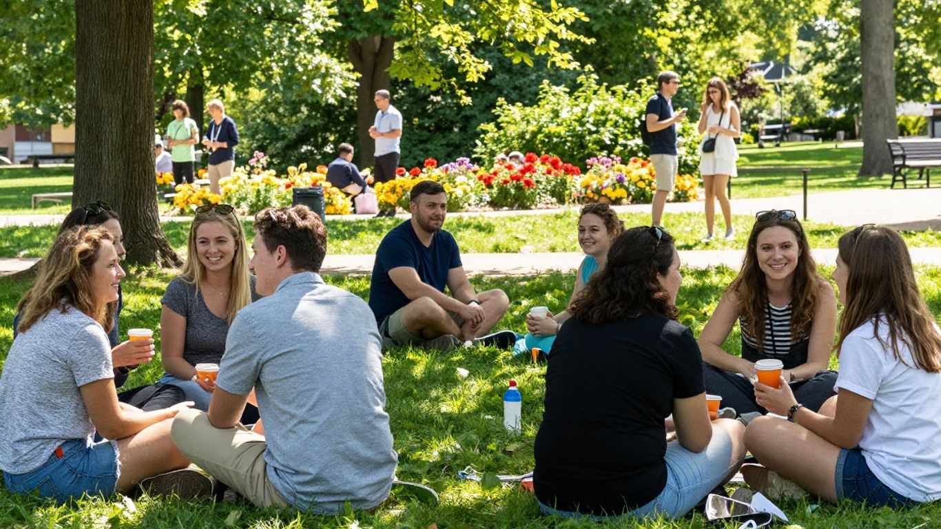 People socializing happily at a sunny outdoor community event.
