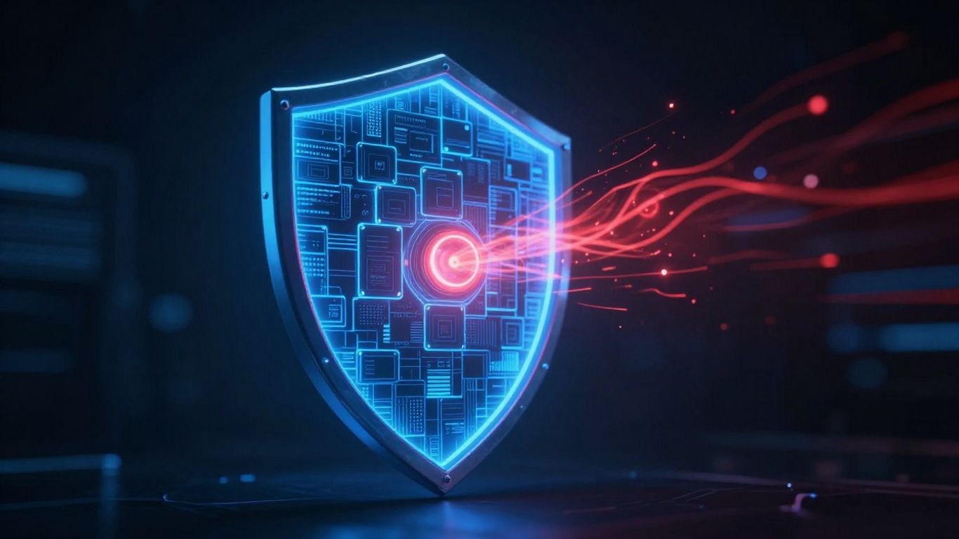 Blockchain shield protecting against cyber threats.