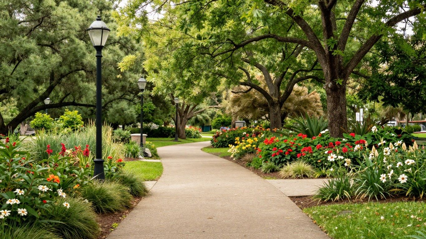 Peaceful park pathway with trees and flowers in West Orlando.