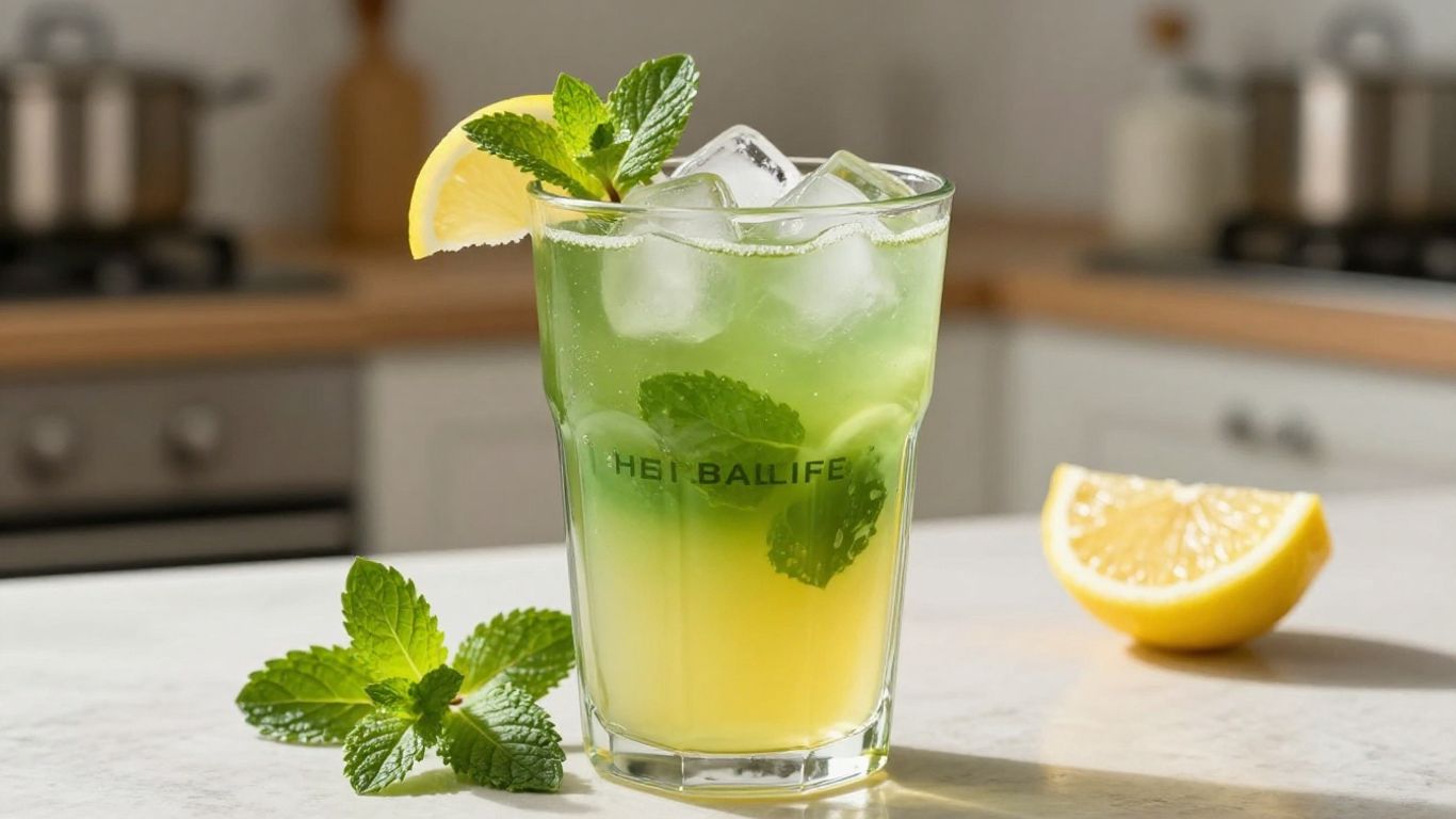 Refreshing Herbalife tea smoothie with mint and lemon.