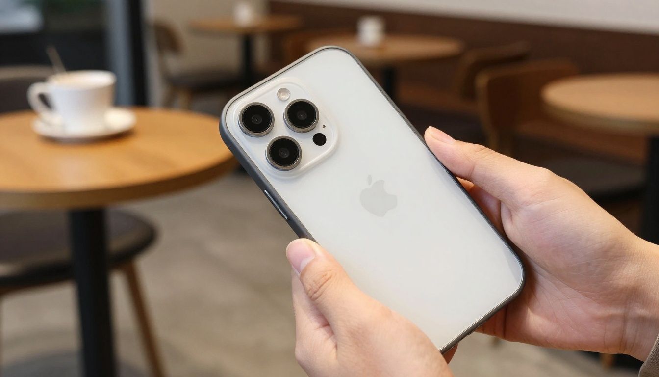A person in a cafe carefully putting their new iPhone 16 Pro Max into a sleek, minimalist case.