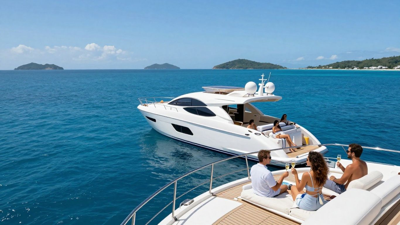 Luxury yacht cruise with happy guests on sun deck