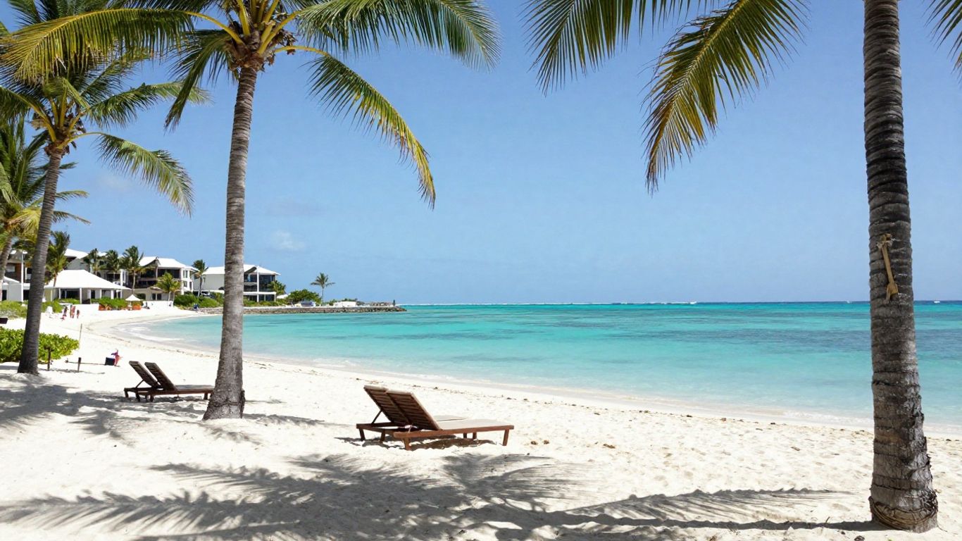 Palm-lined resort beach with turquoise water