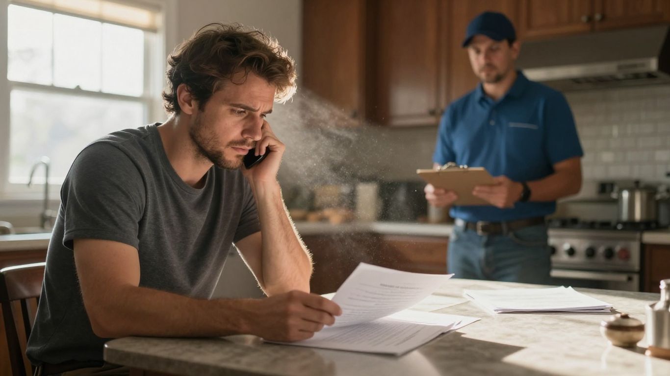 Homeowner reviewing documents with contractor nearby.