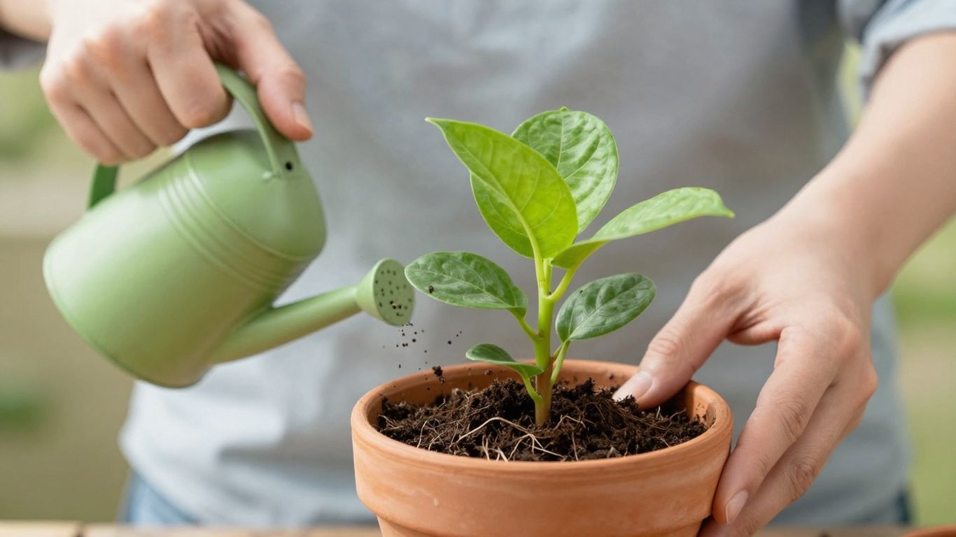 Gärtner topft Pflanze im Mai um.