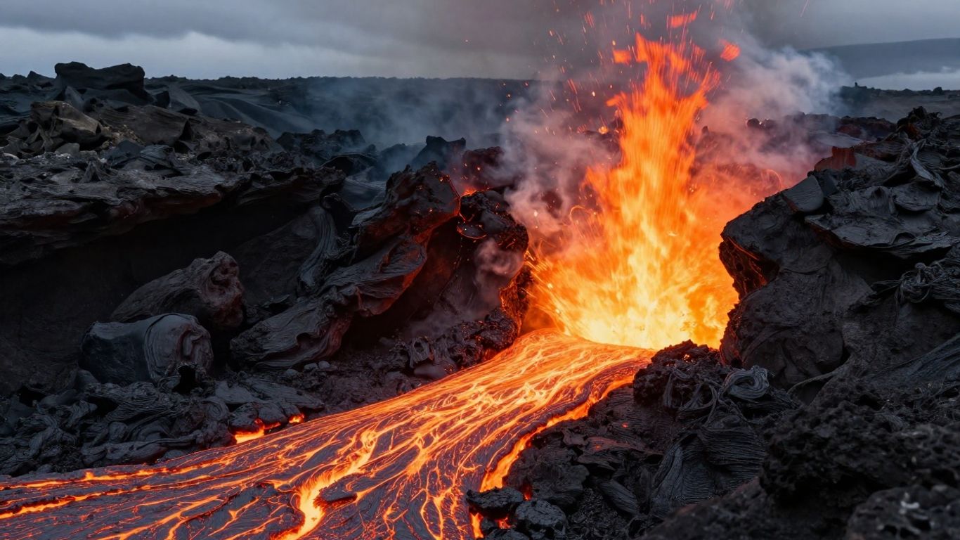 Volcanic eruption creating dark basalt rock formations.