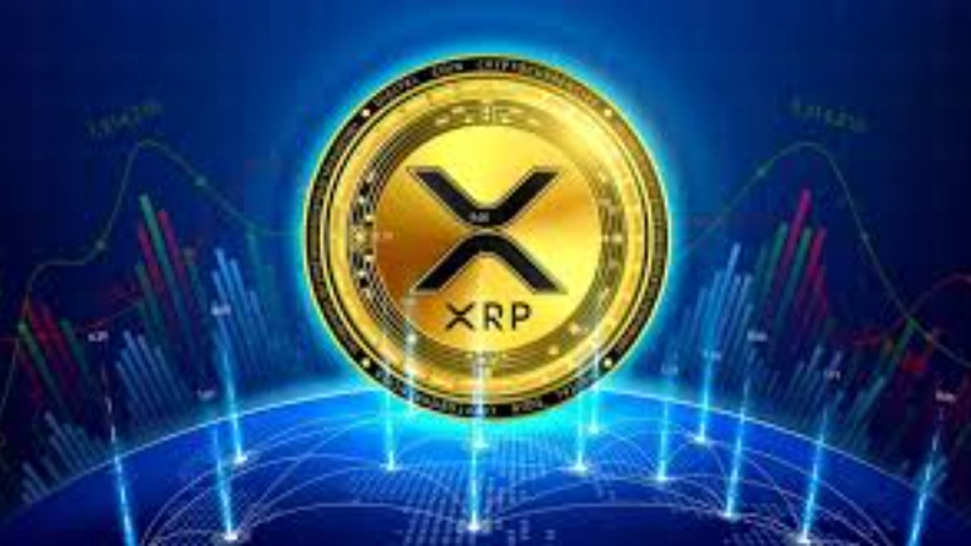 Digital representation of XRP cryptocurrency with financial graphs background.