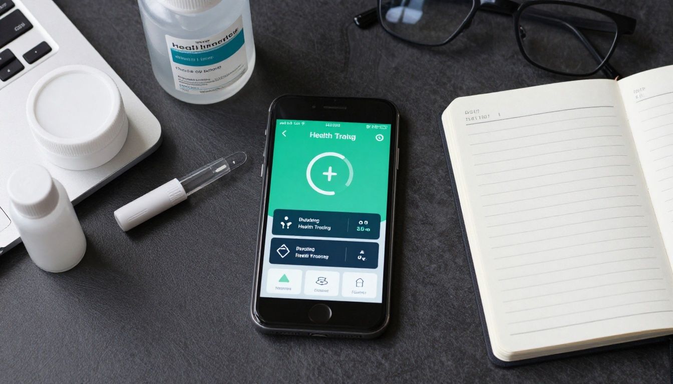A clean, modern workspace featuring a smartphone displaying a health tracking app, organized medical supplies, and a notebook, representing a structured and professional approach to health protocol management.
