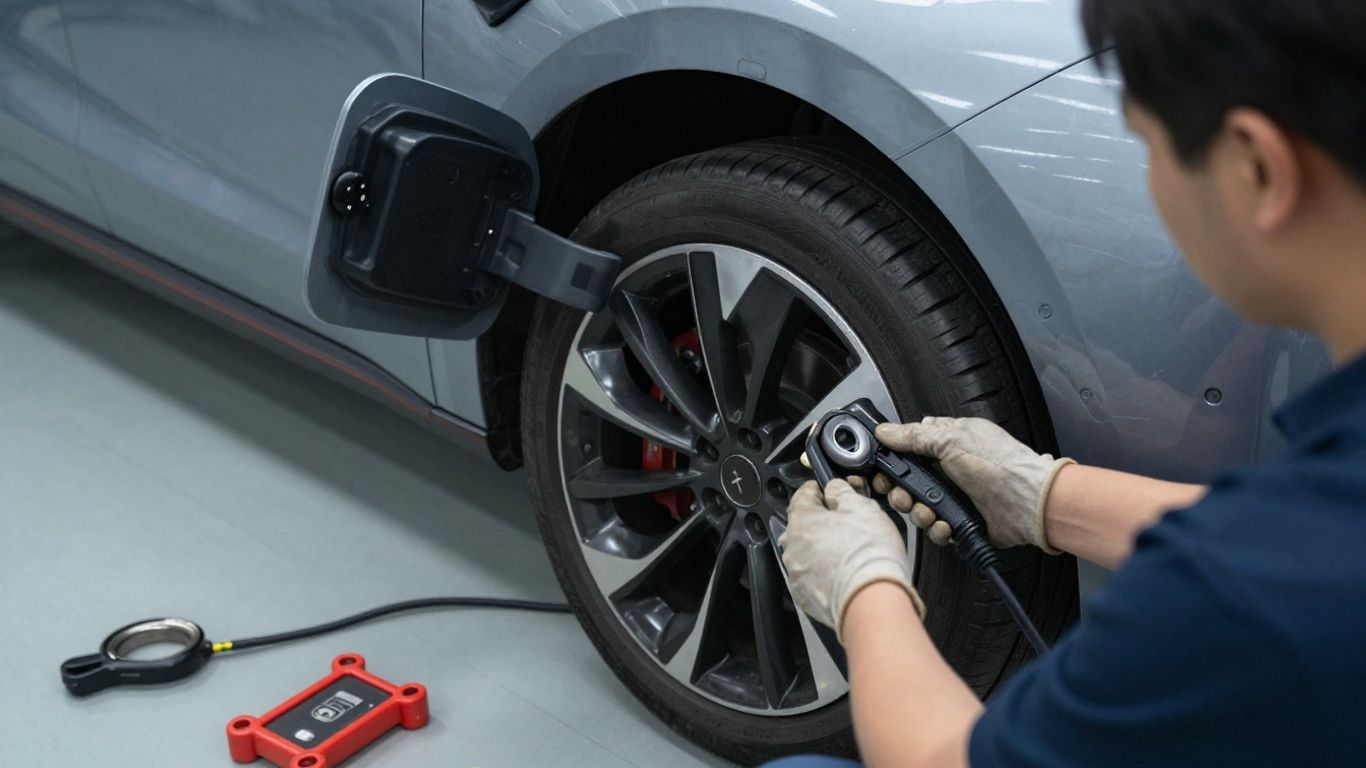 Technician inspecting electric charge port door