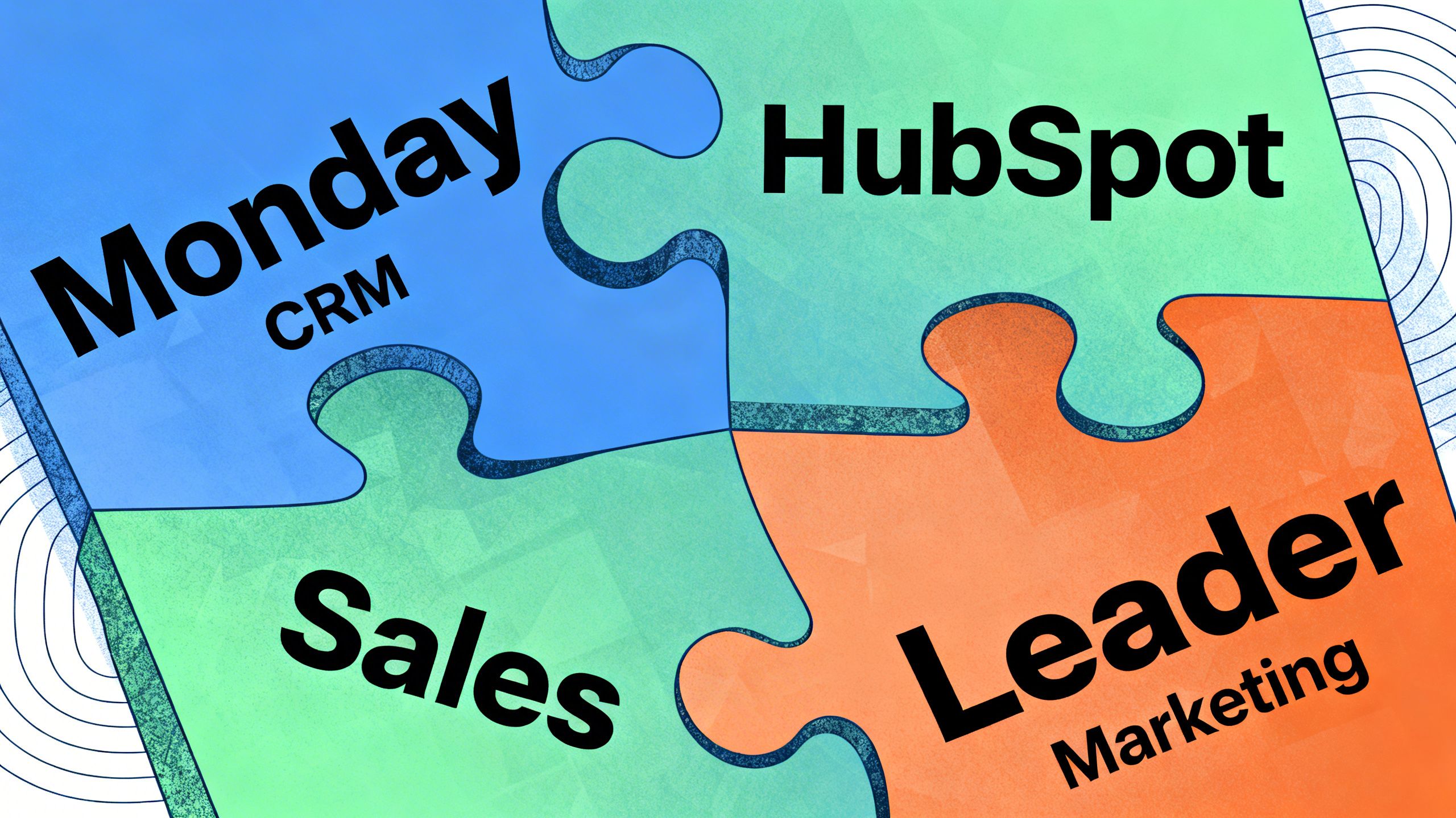 An abstract illustration comparing monday vs hubspot vs leader with puzzle pieces labeled CRM, Sales, and Marketing