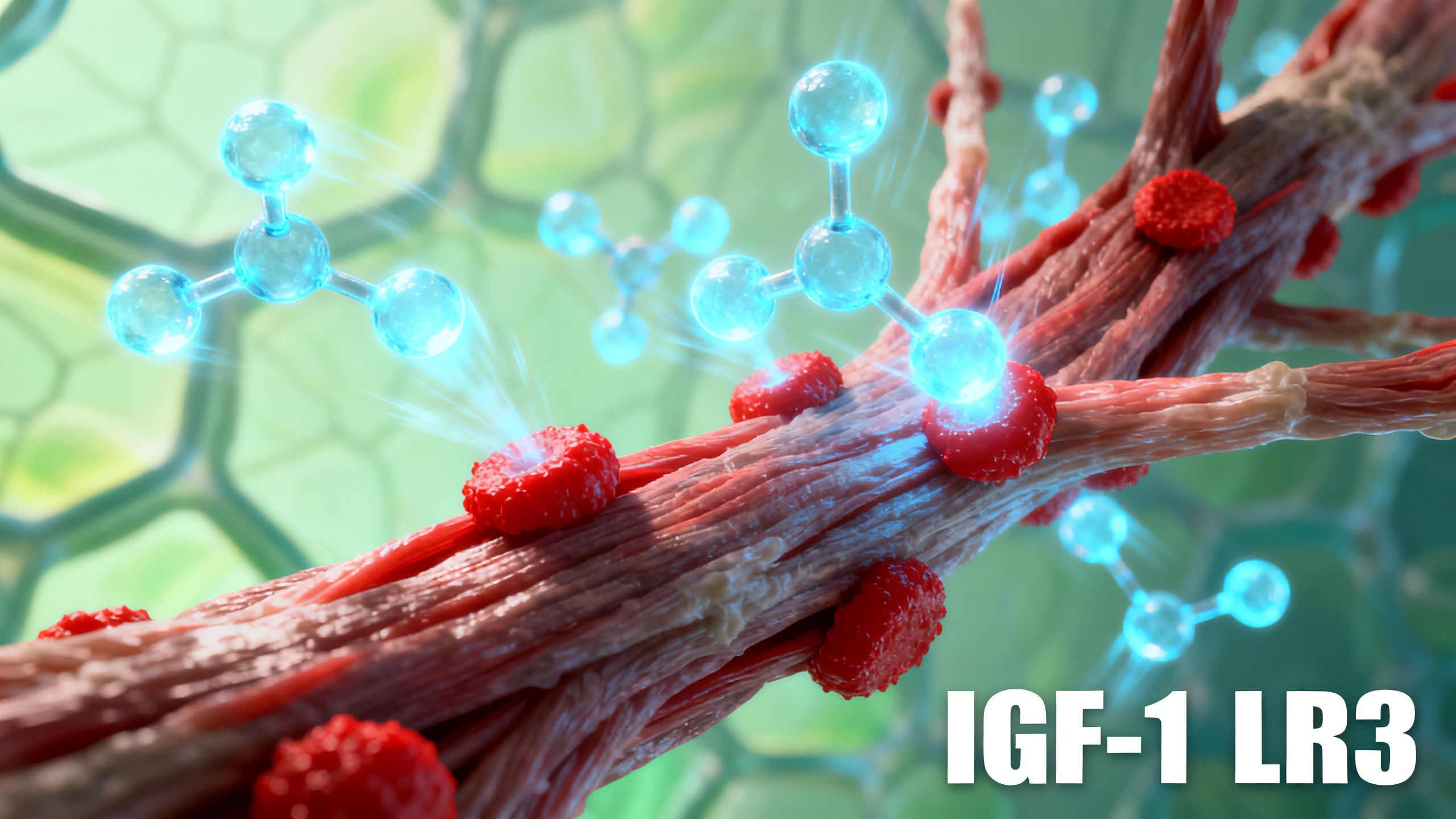 A microscopic view of muscle fibers being repaired and growing, with glowing peptide molecules binding to cell receptors, symbolizing the anabolic action of IGF-1 LR3.