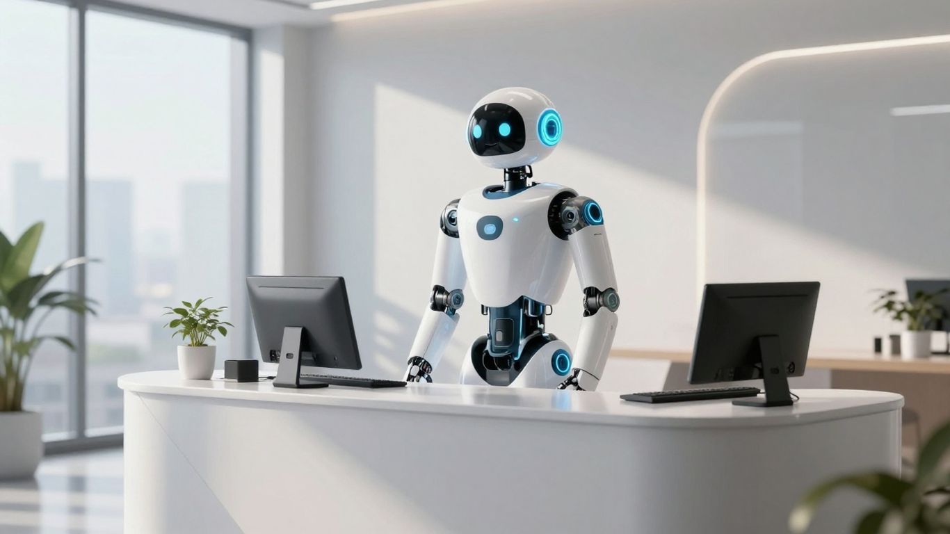 AI receptionist robot in a modern office setting.