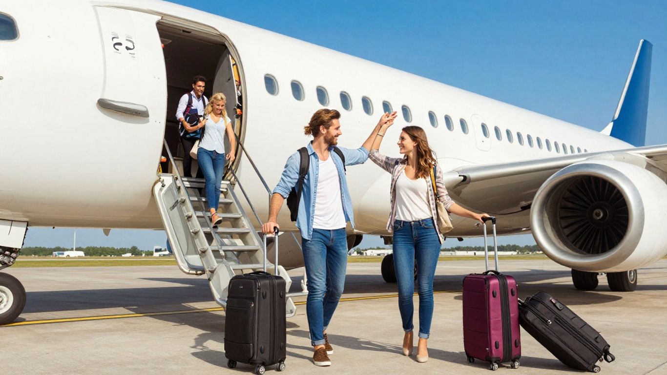 Couple boarding airplane for travel adventure.
