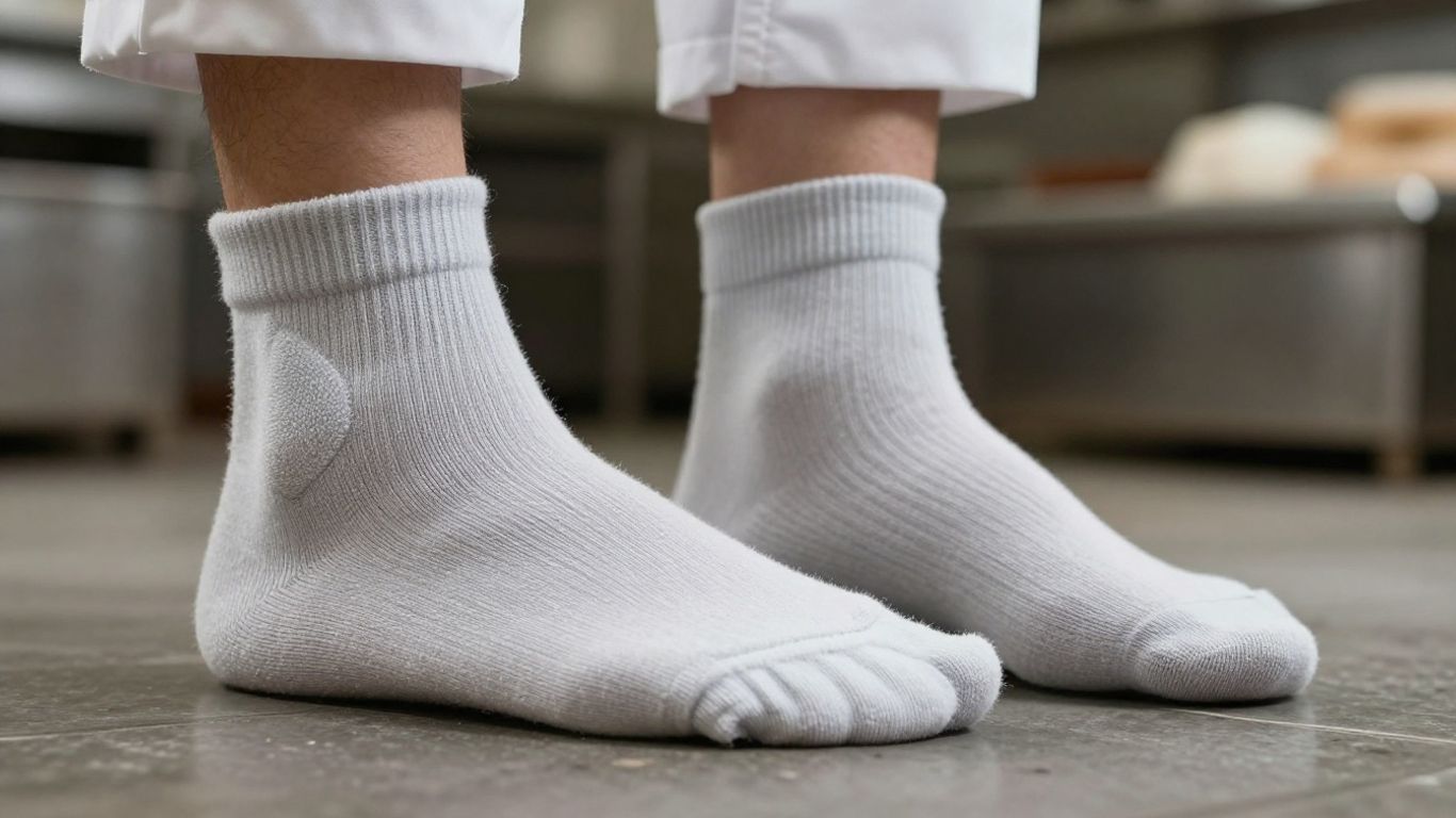Chef wearing cushioned socks for comfort.