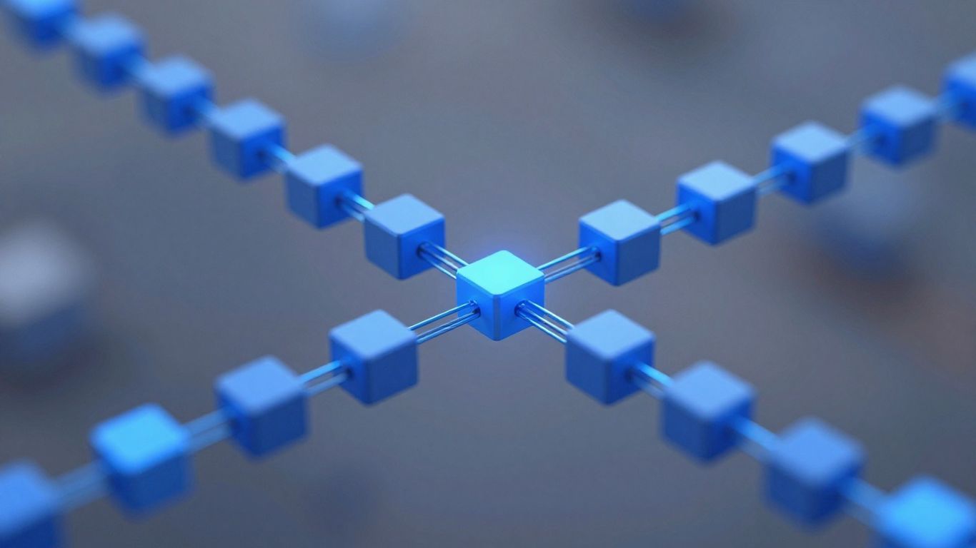 Interconnected digital blocks forming a glowing chain.