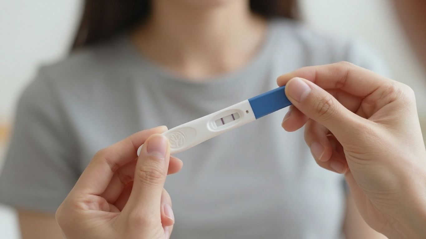 Mujer sosteniendo una prueba de embarazo con resultado positivo.