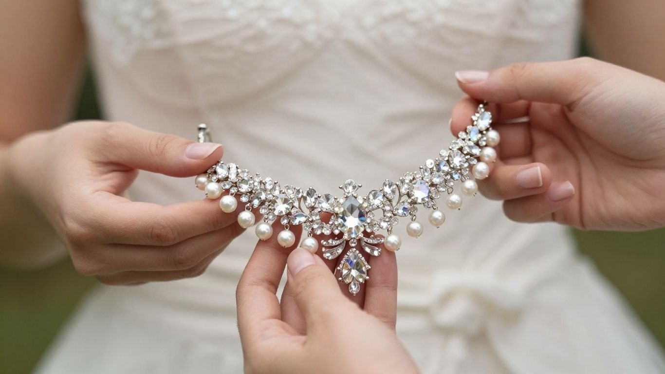 Sparkling bridal necklace set with crystals and pearls.