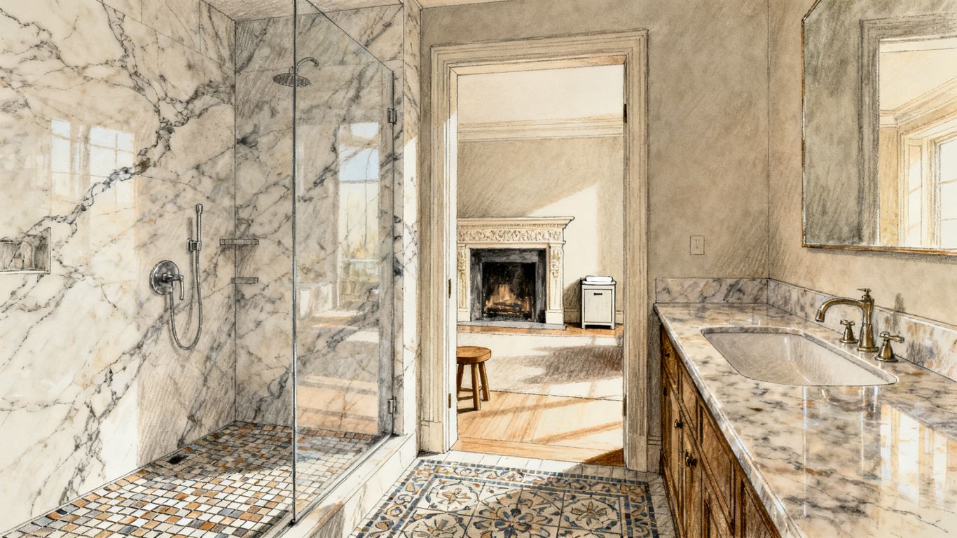 Marble bathroom and living space with refined details