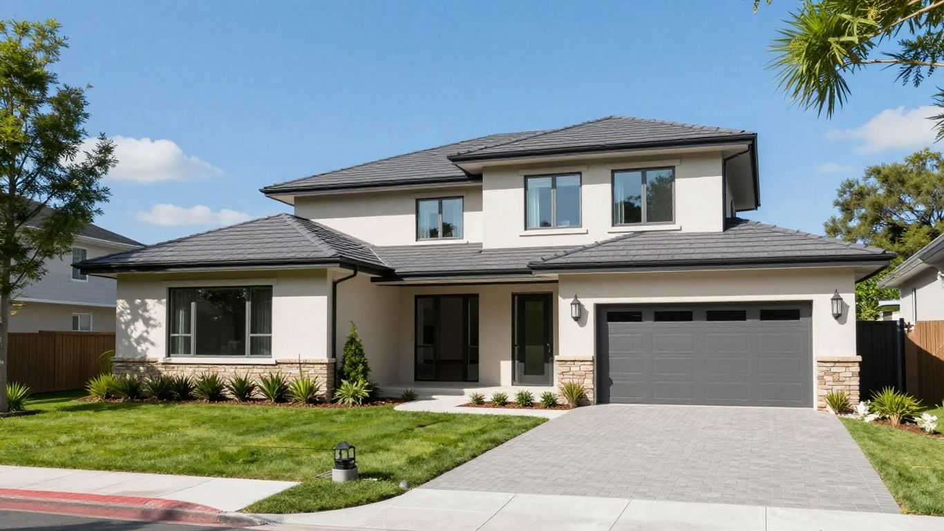 Casa moderna con jardín y cielo azul.