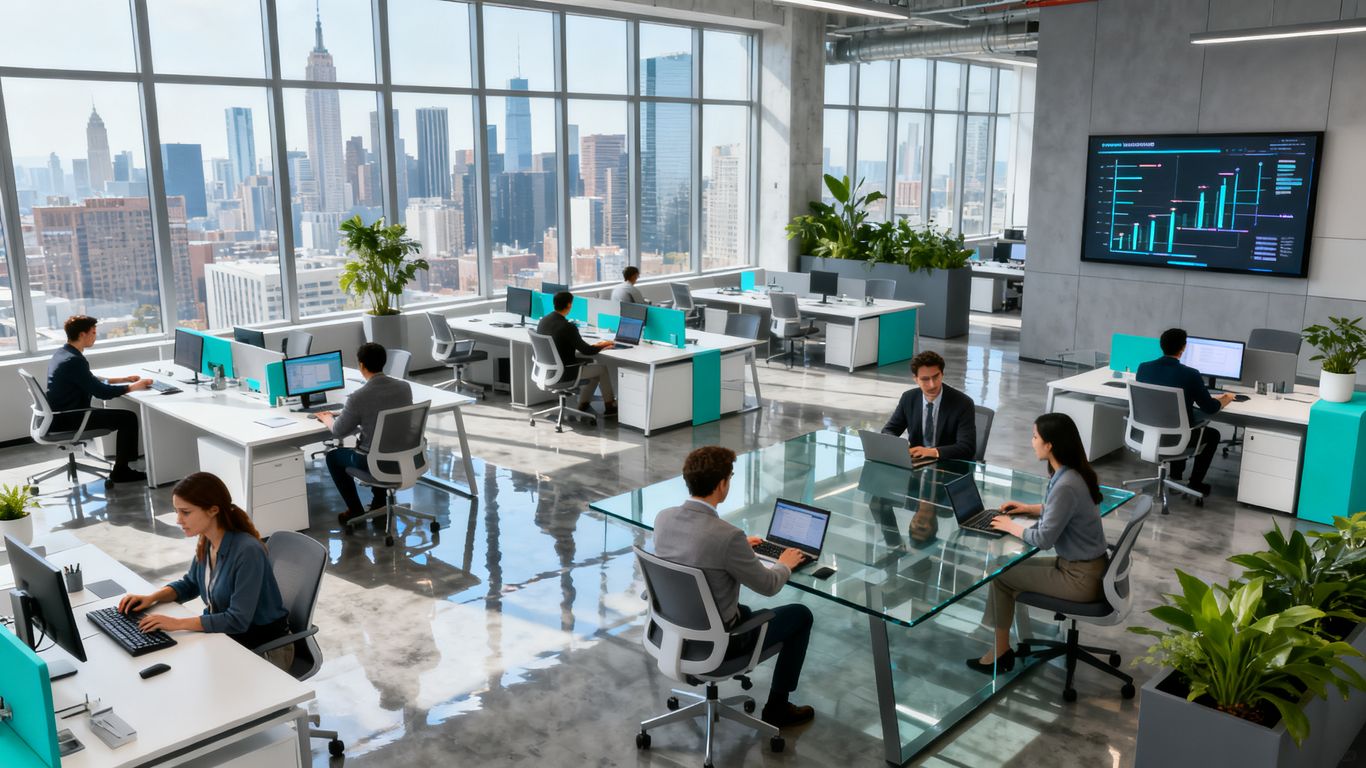 Hightouch office interior with city view and people working.