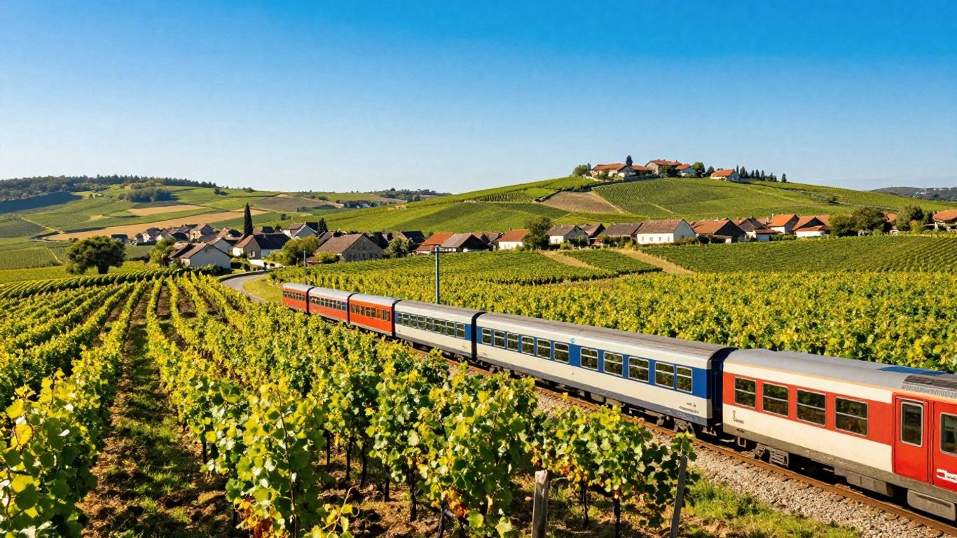 Train traveling through French vineyards