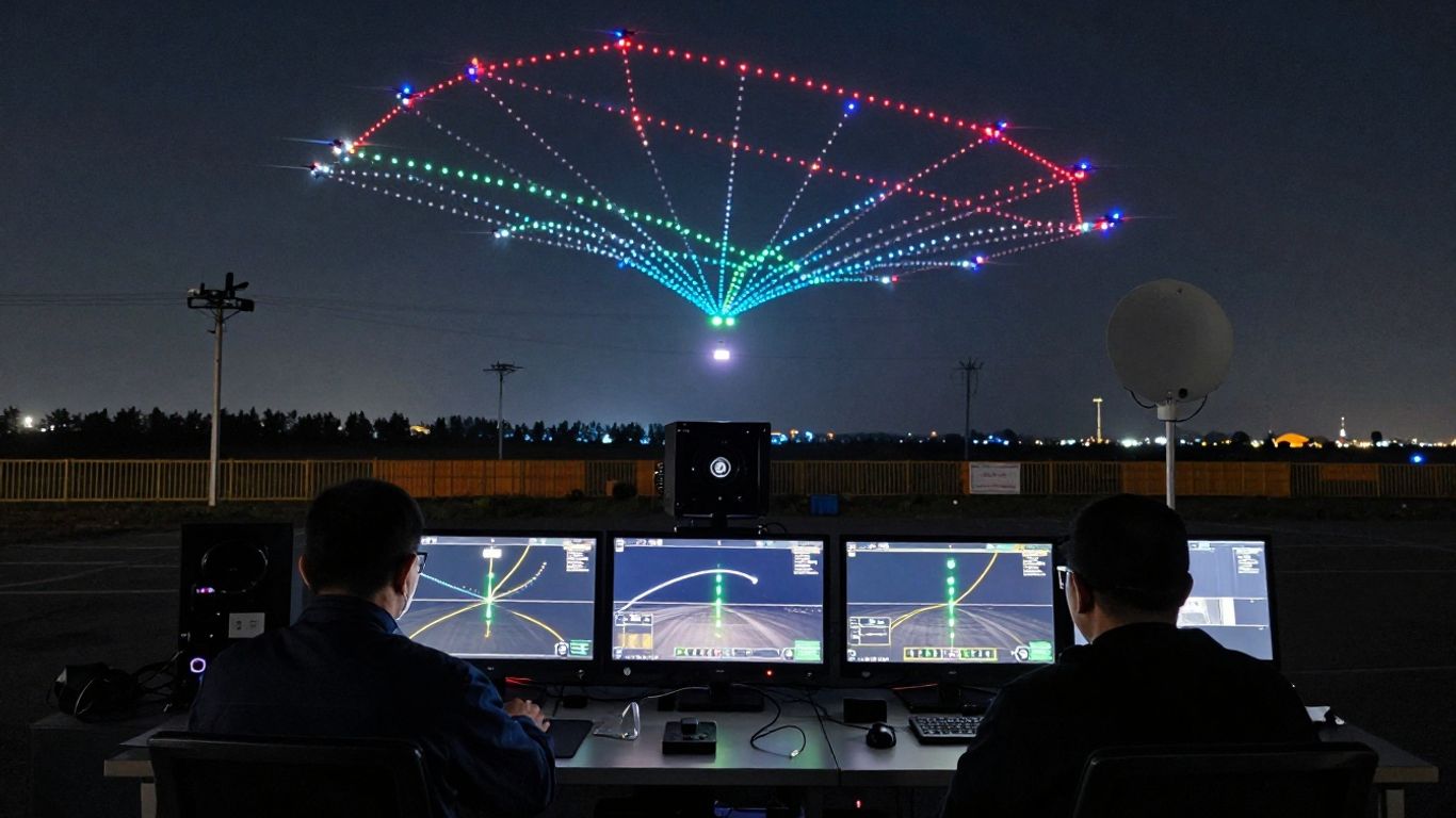 Drone show crew monitoring a nighttime launch operation
