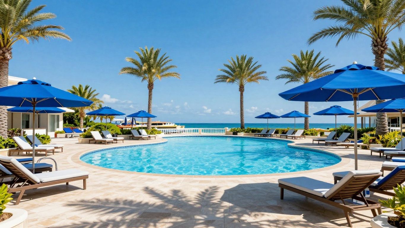 Travelers relaxing by the pool at a coastal resort