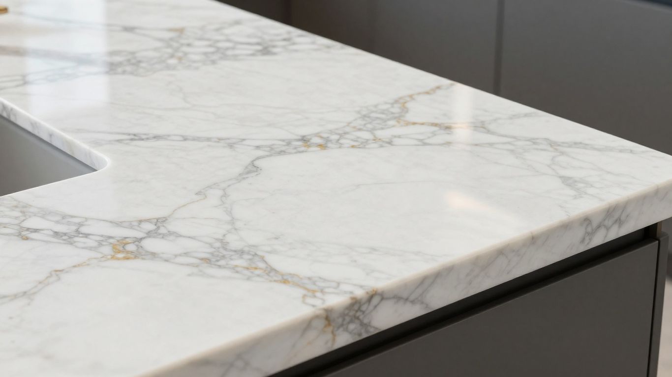 White Macaubas quartzite kitchen countertop with elegant veining.