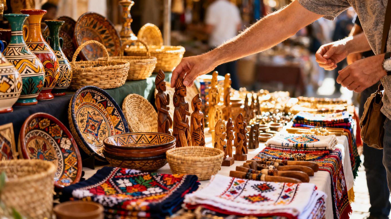 Colorful market stall of handcrafted souvenirs worldwide.