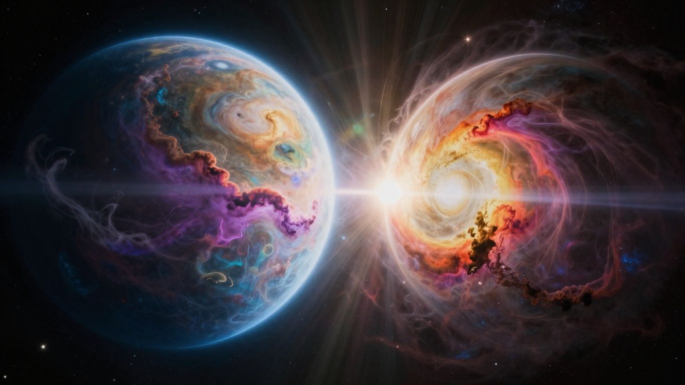 Two interacting celestial bodies with cosmic dust and light.