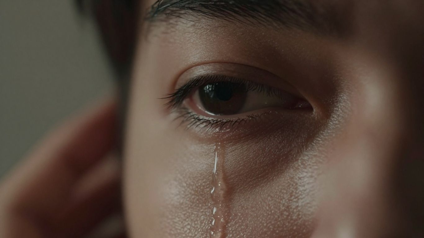 Close-up of a tear on a person's cheek.