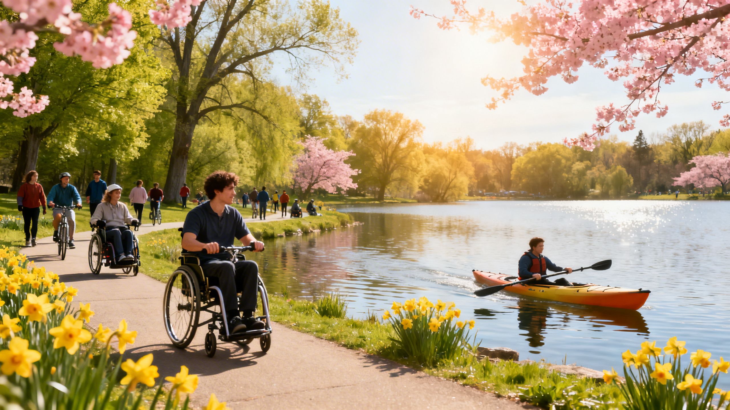 People enjoying adaptive sports outdoors in pleasant spring weather.