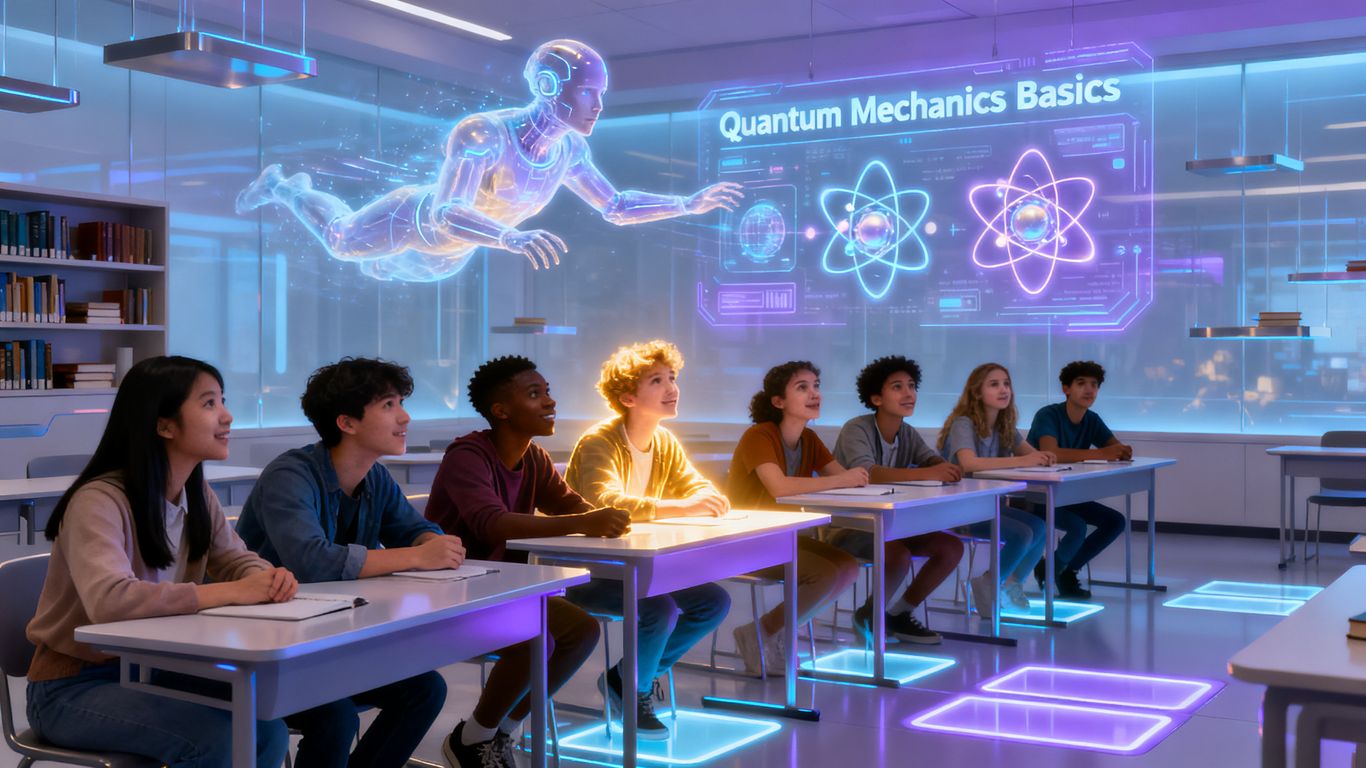 AI interface interacting with students in a classroom.